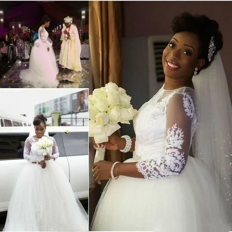 Customized Lace Appliques Ball Gowns Wedding Dresses Sheer Neck Long Sleeves South African Plus Size Floor Length Vestidos De No