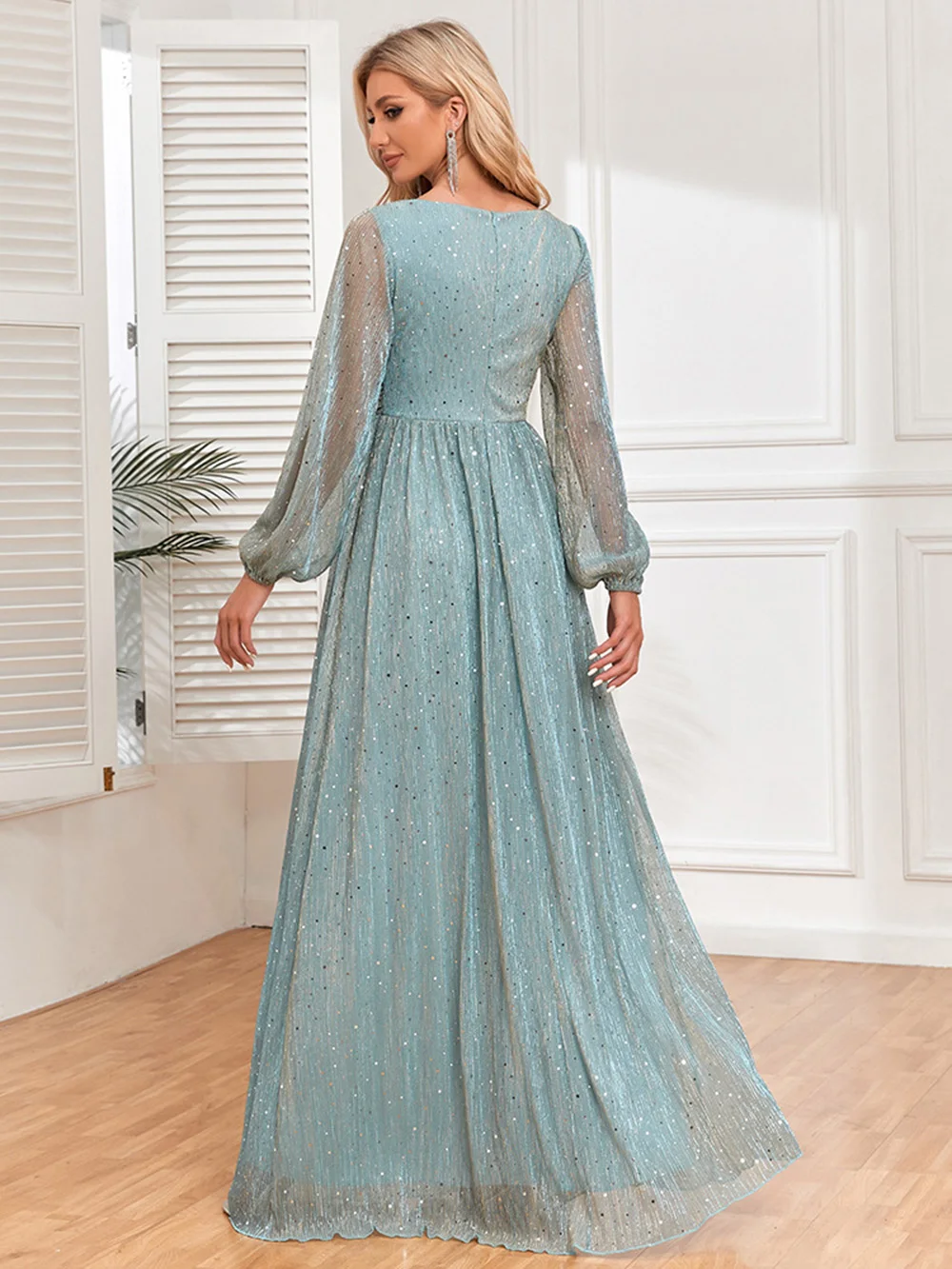 Elegant Light Green Evening Dress Women's V-Neck Long Sleeved Shinning Sequins Slim Waist A-Line Gown Oversize vestido