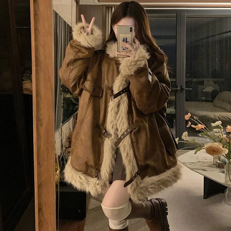 2023 Winter Clothes Medium To Long Imitation lambswool Coat Women Add Velvet Padded Slim Coat Female With Big Fur Collar Jacket