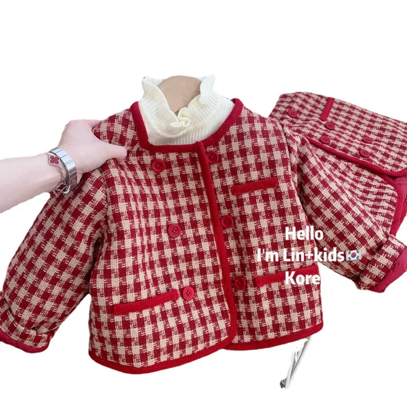 2024Winter Clothes Girls' Double Breasted Suit Children's Temperament Houndstooth Thick Warm Jacket Two-Piece Set