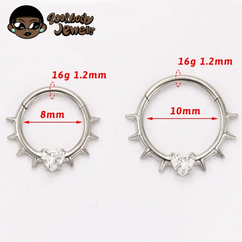 ZOOR F136 التيتانيوم 2025 جديد الشرير سبايك الأنف الدائري ثقب القلب تشيكوسلوفاكيا الحاجز 16 جرام هوب الفرس Daith أقراط بأكسيد مجوهرات للجسم