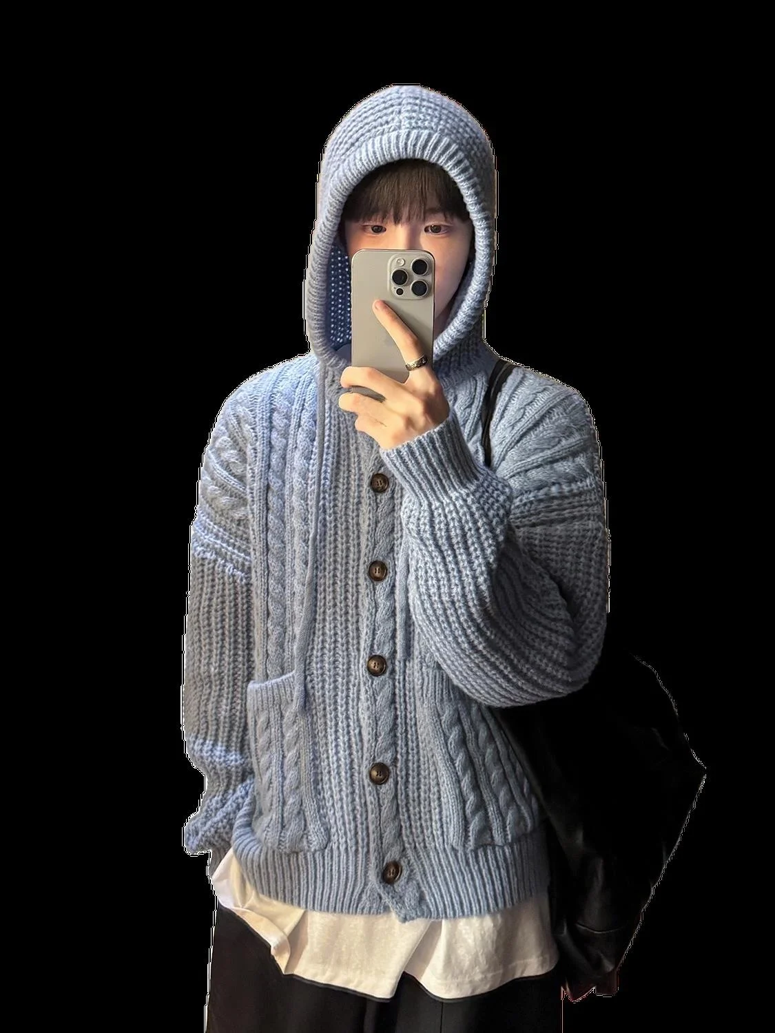 

Lazy Sle Knitted Hoodie Cardigan Twisted Sweater ex Autumn Winter Casual Loose Blue Jaet Trendy Long Sve 3D Effect
