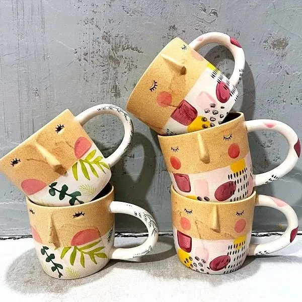 Anthr's Cute Facial Design Frosted Afternoon Tea Ceramic Cup Art Style Mugs