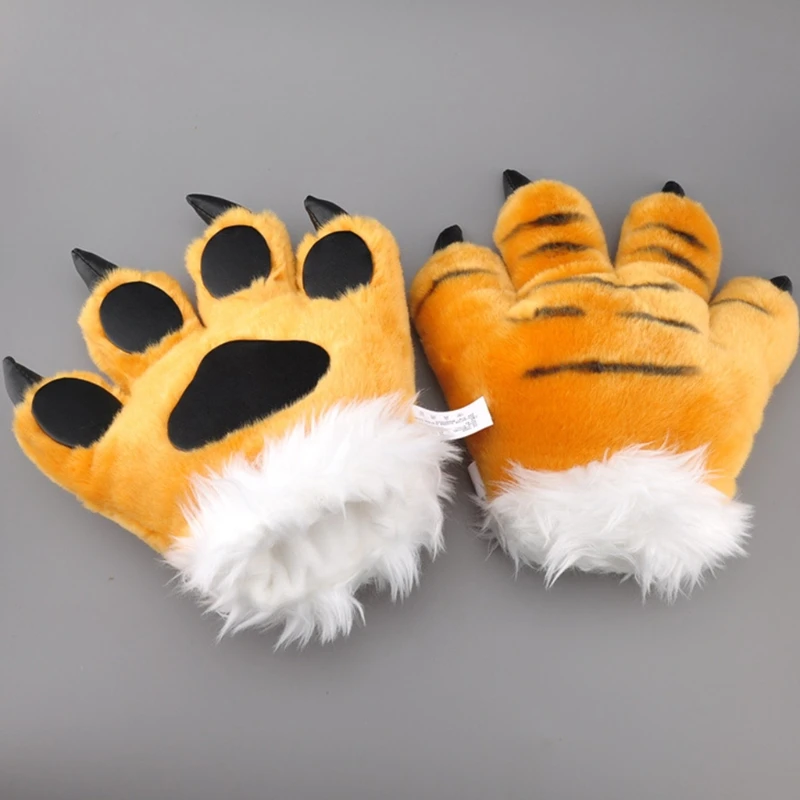 Simulation Tiger Paw Plush Gloves Striped Fluffy Animal Stuffed Toys Padded Hand Warmer Halloween Cosplay Costume Dropship