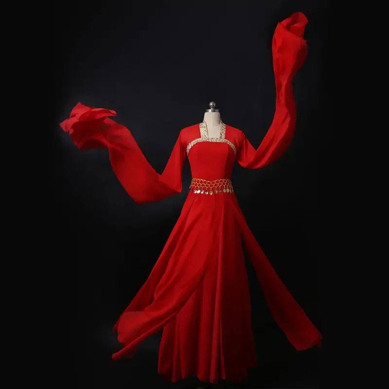 Ropa de Dacne de manga de agua clásica, traje de Yangko, abanico Hanfu, traje de Baile Folclórico chino rojo, vestido tradicional de diamantes de imitación para niña