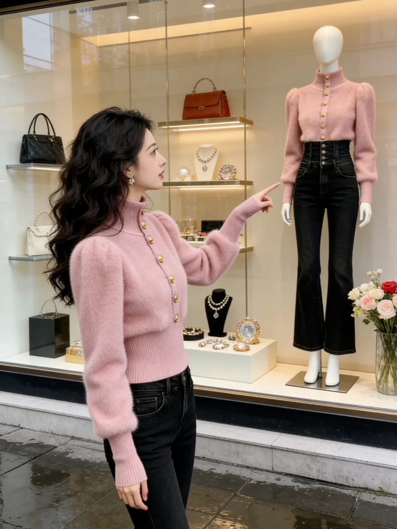 

Уникальный красивый корейский зимний модный короткий вязаный розовый свитер-топ для ношения под одеждой, элегантная повседневная женская одежда класса люкс