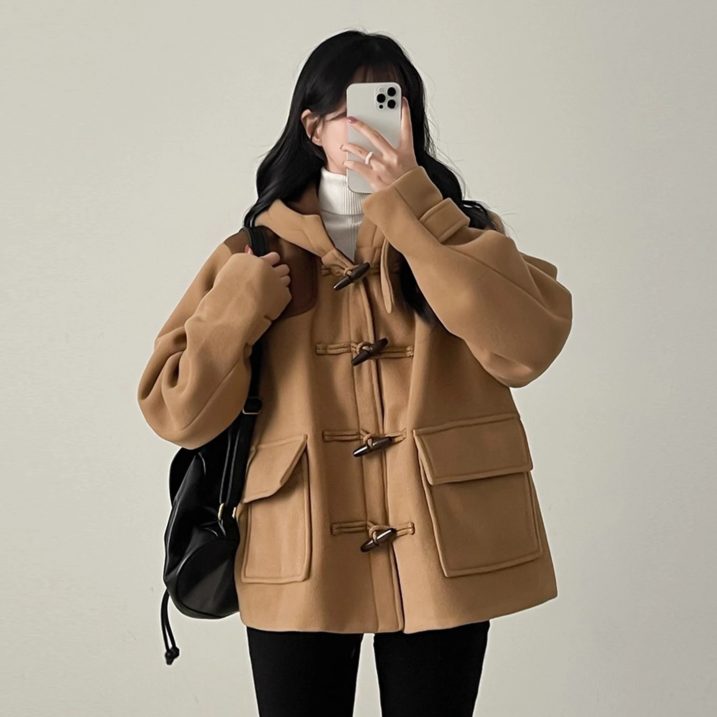 الرجعية القرن زر اللون بلو قبعة معطف الصوف المرأة فضفاض كيت أعلى شتاء جديد Sle النسخة الكورية طويلة Sve زر واحد #5