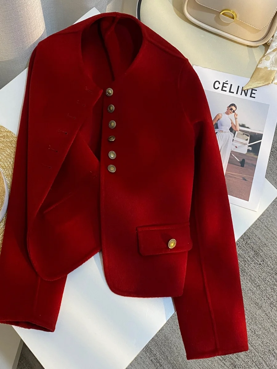 

Красное двустороннее шерстяное короткое пальто женское, высококачественное, уникальное, с пуговицами в едином стиле, осенне-зимняя новинка, для повседневной носки