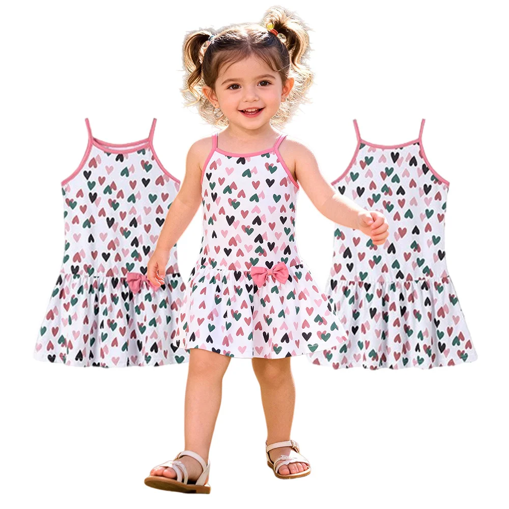 Summer Hearts Printed Strapless Dress for Girls European American Style Children's Adorable Baby Skirts Clothing