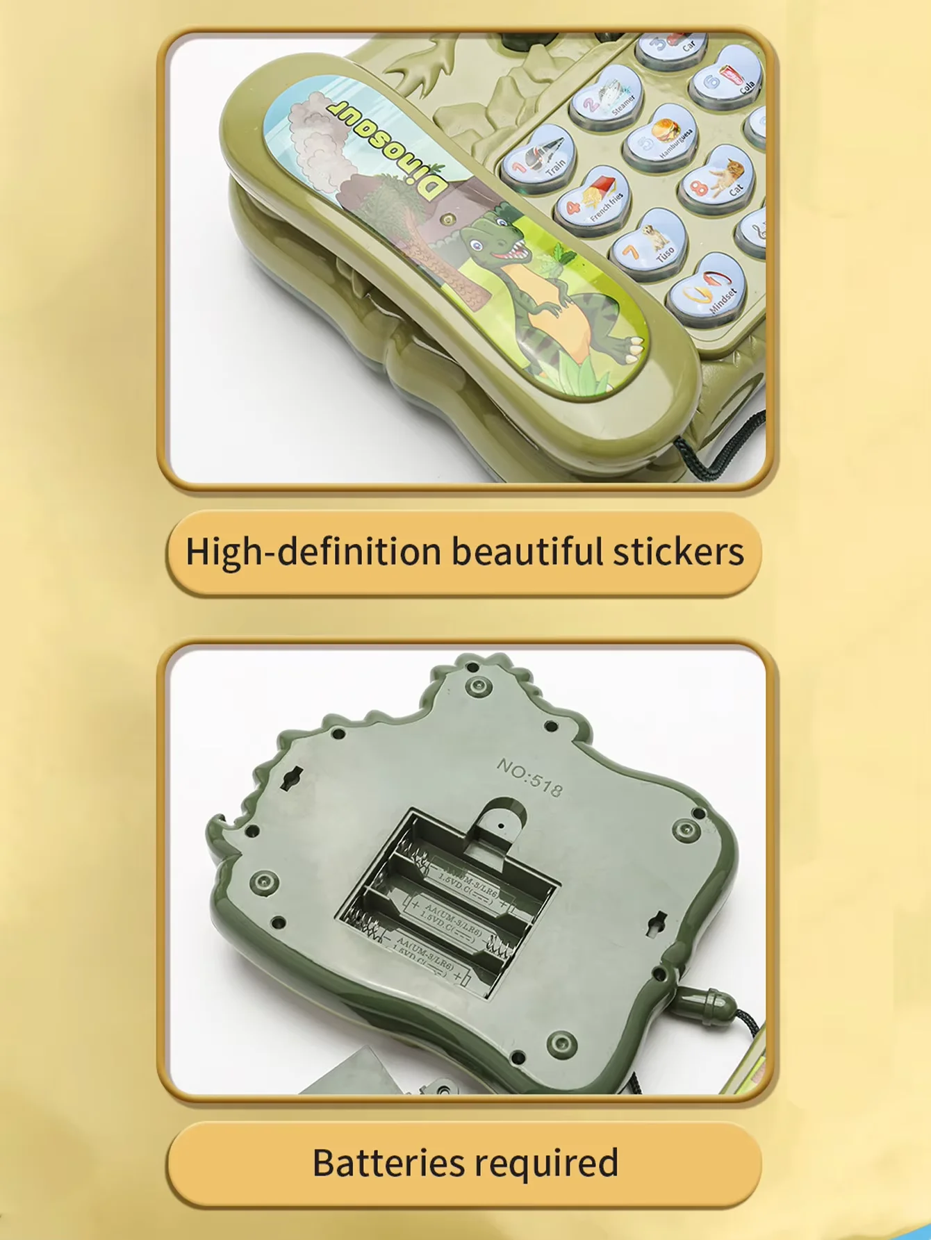 これは恐竜の形をした携帯電話のおもちゃ、子供へのギフトに適した多機能発光ライトミュージックおもちゃです。