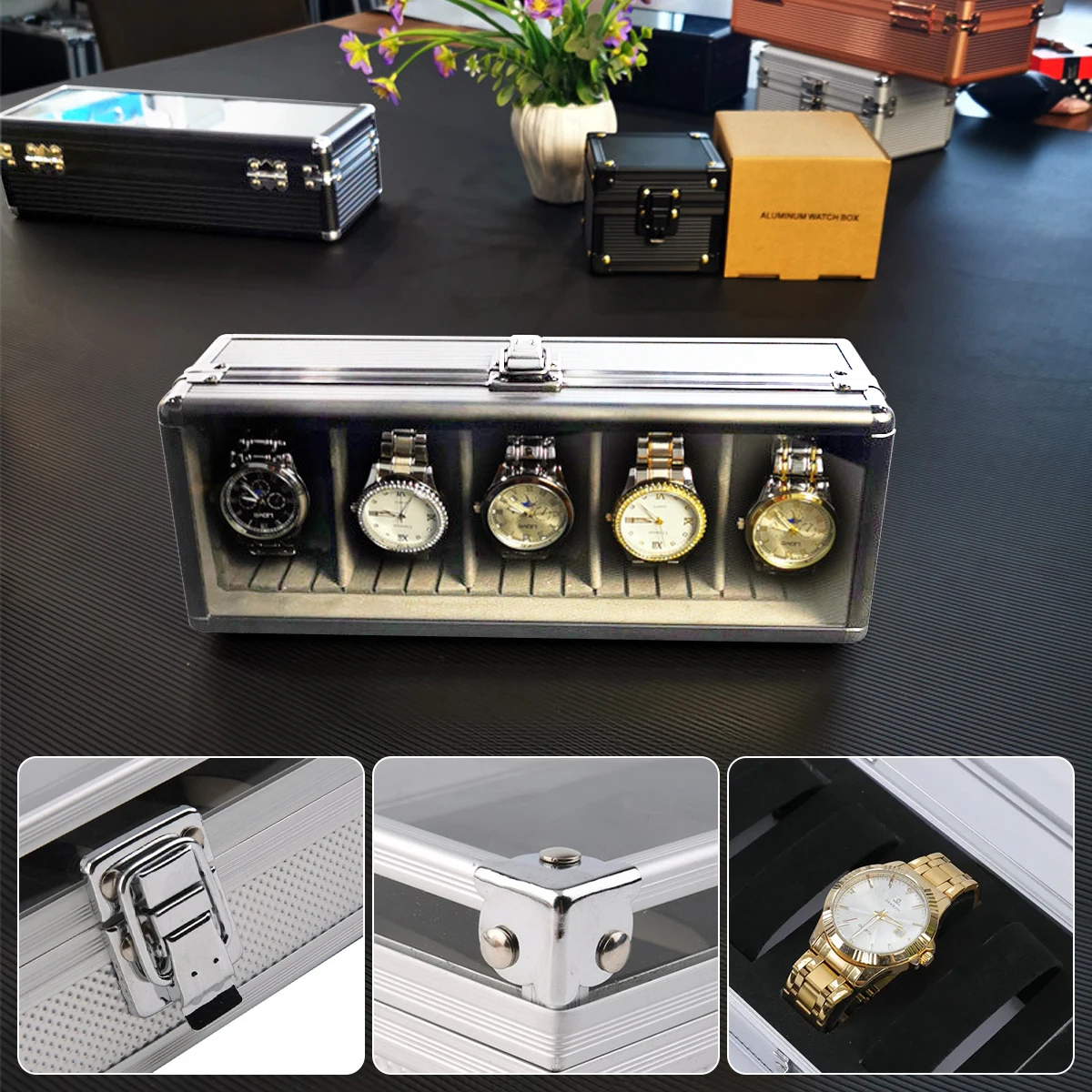 Handige aluminium horlogedoos 12/6 rastergleuven Sieradenhorloges Display opbergdoos Vierkante behuizing Suède binnenkant Rechthoekige horlogehouder