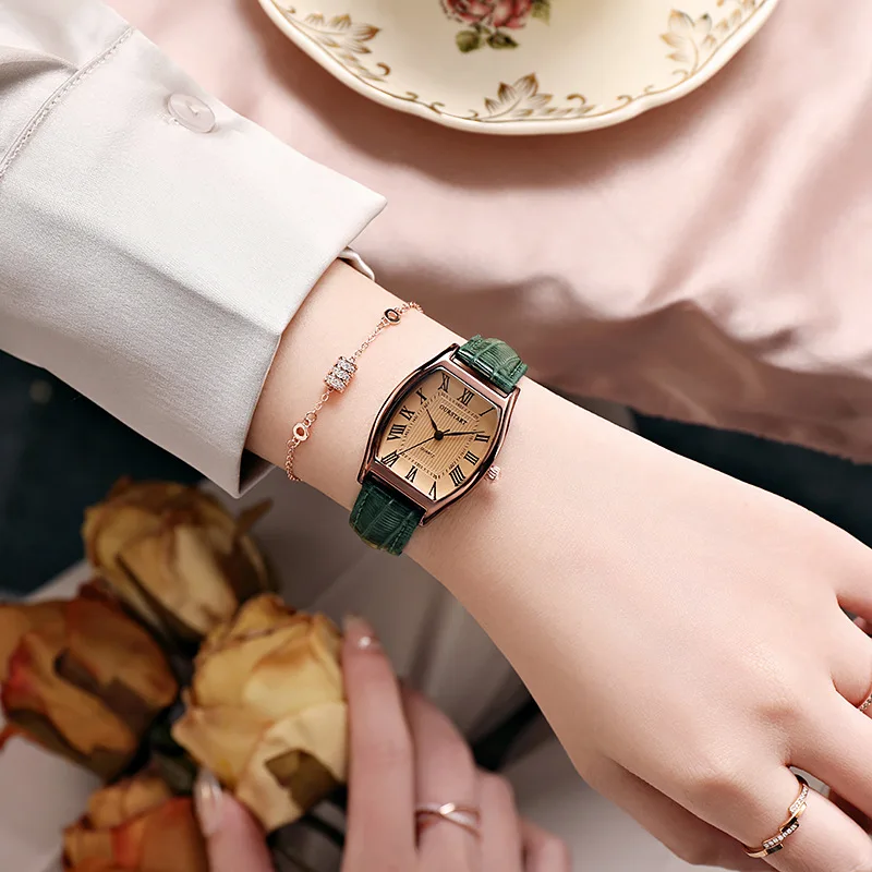 Vintage Ladies Quartz Watch High End Feel Niche Barrel Shaped Leather Strap Women's Wristwatch For Daily Wear Dating Party Girl