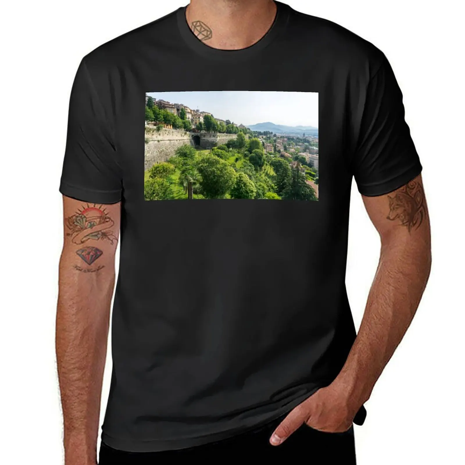 Splendid Bergamo Vista - Venetian Defense Walls and Lush Green Park T-Shirt boys animal print for a boy mens tall t shirts