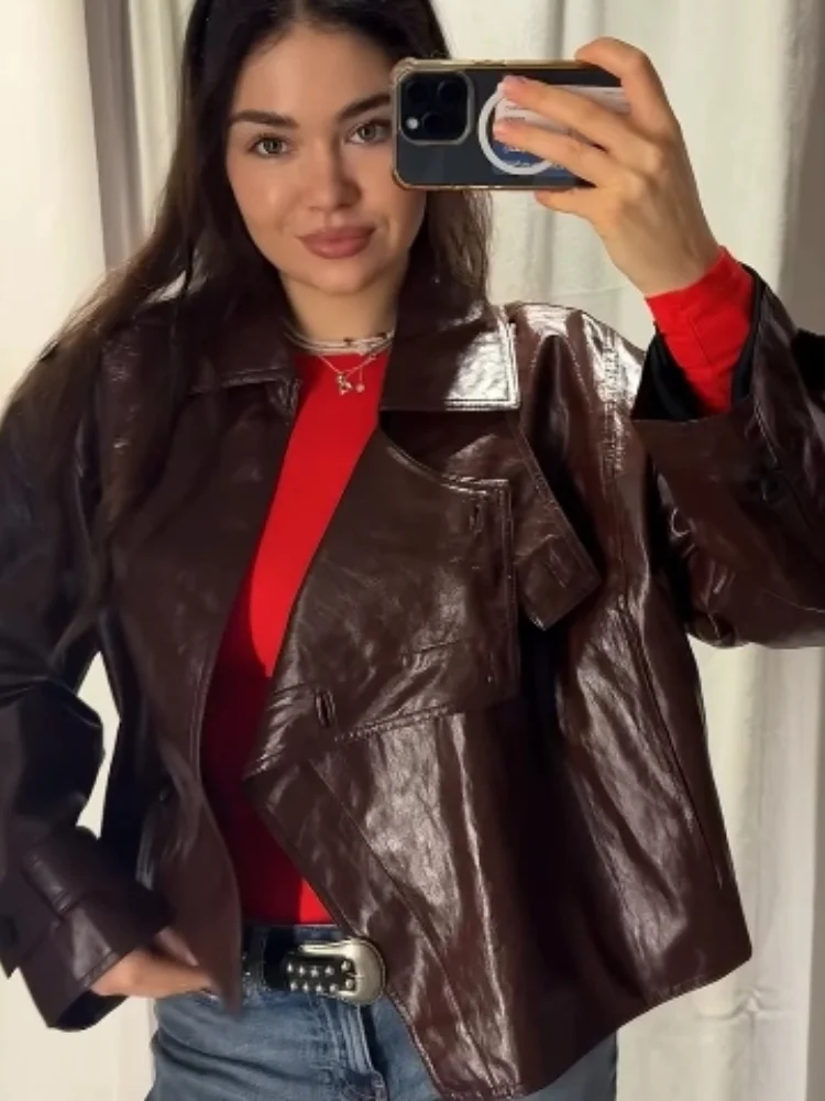 Street Stand Collar PU Leather Women's Jacket Red Long Sleeve Asymmetry Button Female Coat 2025 Autumn Lady Locomotive Outerwear