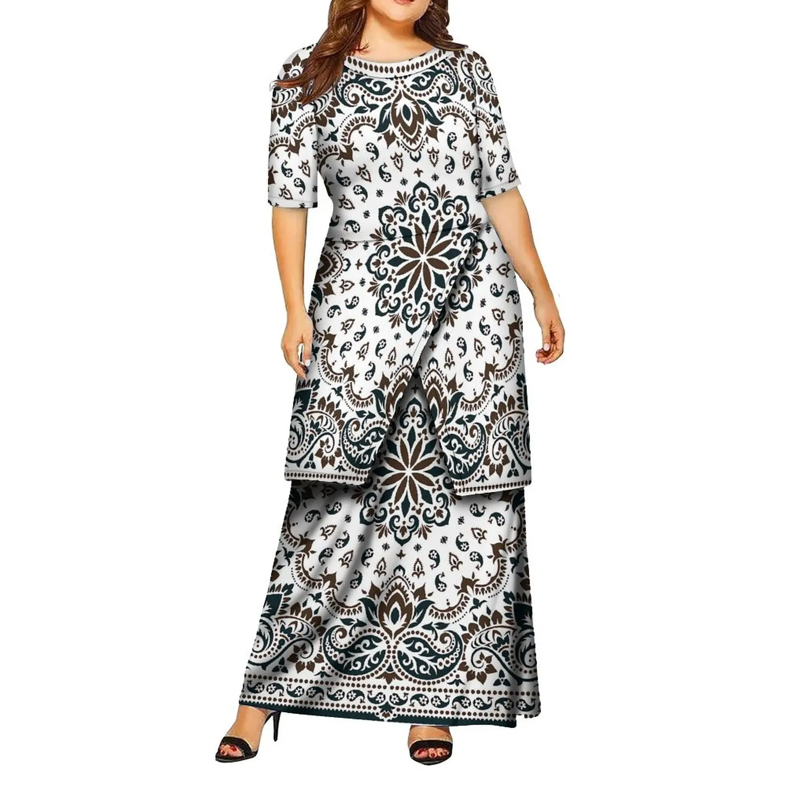 ชุดเดรสสไตล์เรโทรคอกลมแบบใหม่ รวมภาษีแล้ว ชุดเดรสไซส์ใหญ่สำหรับผู้หญิง เสื้อและกระโปรงลายผ้าพันคอ ชุดเดรสยาวสองชิ้น