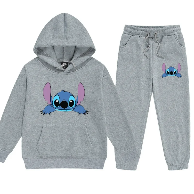 Cartoon Disney Stitch pajamas winter cotton plush hooded trousers sweater casual two-piece set women's pajamas loungewear