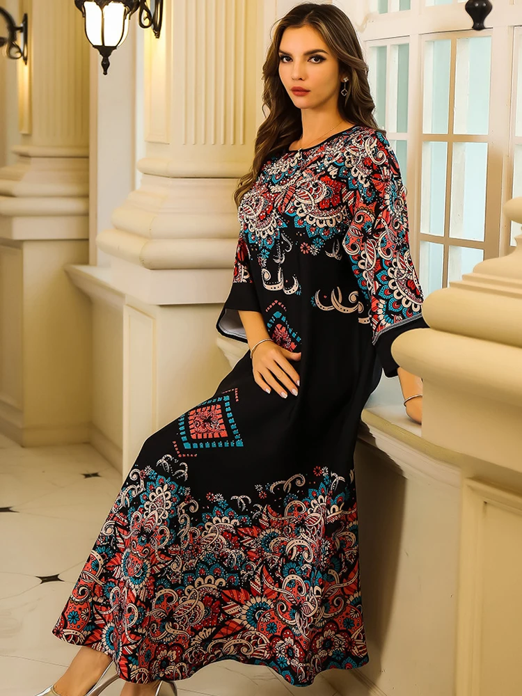 Muslim Floral Print Abaya Women Elegant Long Dress Diamonds Pearls Jalabiya Fashion Robe Loose Gown Kaftan Eid Djellaba Caftan