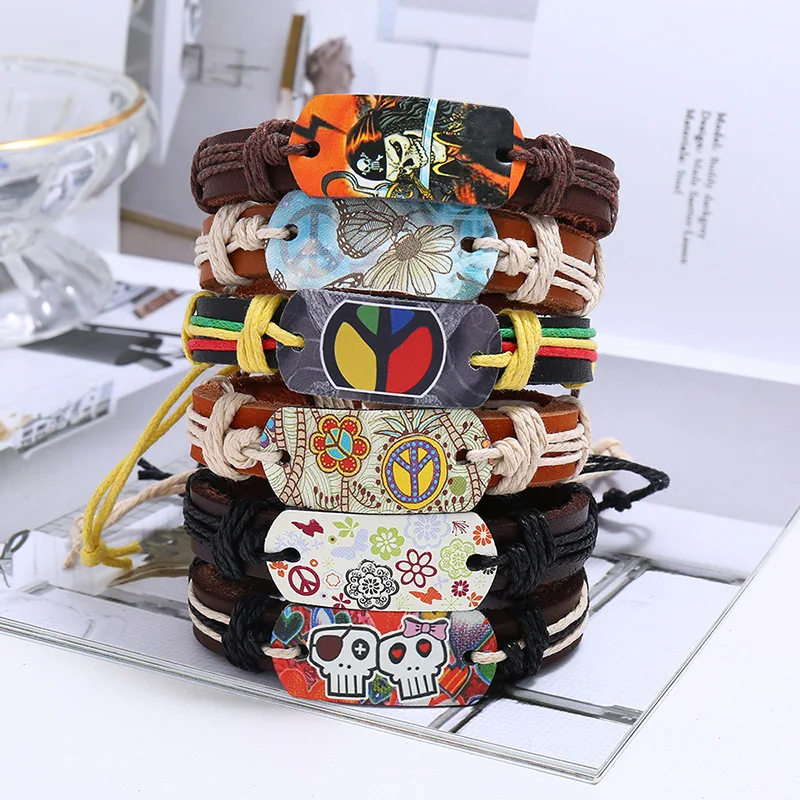New In Hot Stamping Woven Hemp Rope Vintage Bracelet Colored Flower Partern Wrap Punk Bracelets for Men Boys Birthday Gift
