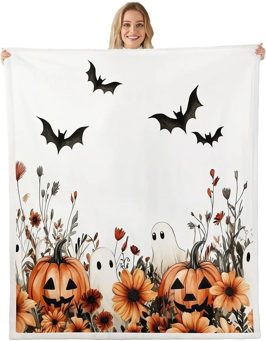 

Флисовое одеяло «Счастливый Хэллоуин», детское одеяло из шерпа с тыквой и призраком, готическое одеяло с летучими мышами и цветочными растениями, нечеткая плюшевая одеяло для детей