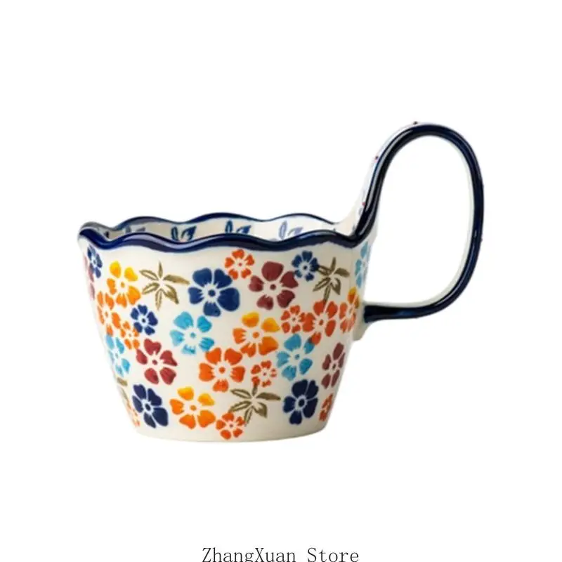 Handled Ceramic Serving Bowl for Soup, 400Ml Florals Bowl with Wide Handle and Waves Edges for Breakfast and Noodles Meals 3XUF