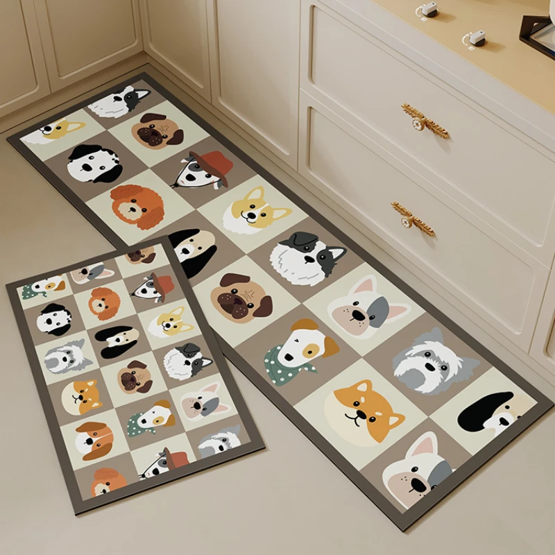 Kawaii cartoon puppy kitchen carpet cute cat PVC floor mat creative grid waterproof kitchen mats anti-scratch non-slip long rug