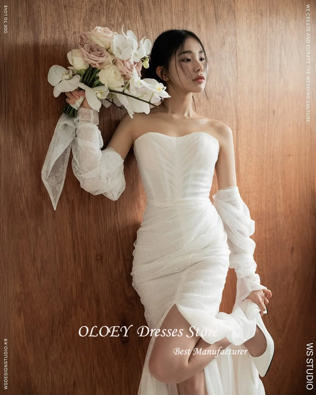

OLOEY Simple Lace Hi-Lo Korea Wedding Dresses Long Sleeve High Slit Pleat Bridal Gowns Court Train Customized 웨딩드레스