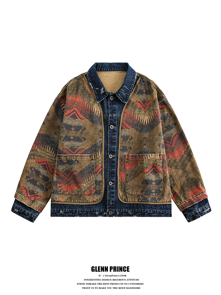 

GPstudio Мужская куртка в американском ретро-стиле с этническим пэчворком и элементами вестерн, весенняя новинка, рабочая одежда, свободный крой, длинный рукав