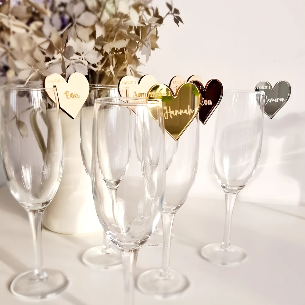 10pcs Drink Tags Personalized - Wine Glass Charms Heart, Place Card Wedding Table Name Tag, Place Card wedding