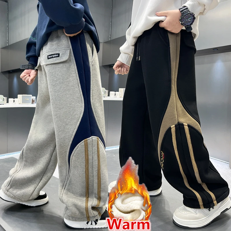 

Korean Kids Winter Fleece-Lined Sports Pants with Side Stripes For Boy Stylish Warm Insulated Trousers Child Thermal Sweatpants
