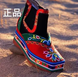 CChinese Xizang Tibetan Boots Lamb Plush Embroidery High Heel Shoes Square Head Female