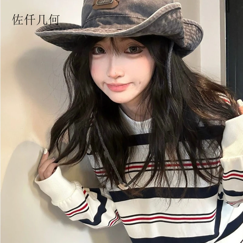 2025 estilo preppy listrado camiseta feminina outono e inverno nova manga comprida solta casal topos mulher