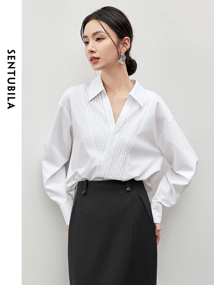 SENTUBILA Straight White Shirt for Women 2024 Autumn Splid V Neck Single-breasted Long Sleeve Office Lady Blouse 143C55925