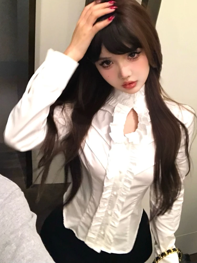 DEEPTOWN Japanese Gothic Knitted Cardigan Women Y2k Harajuku Long Sleeve White Shirt V-neck Hollowed Out Sexy Black Cardigan Top
