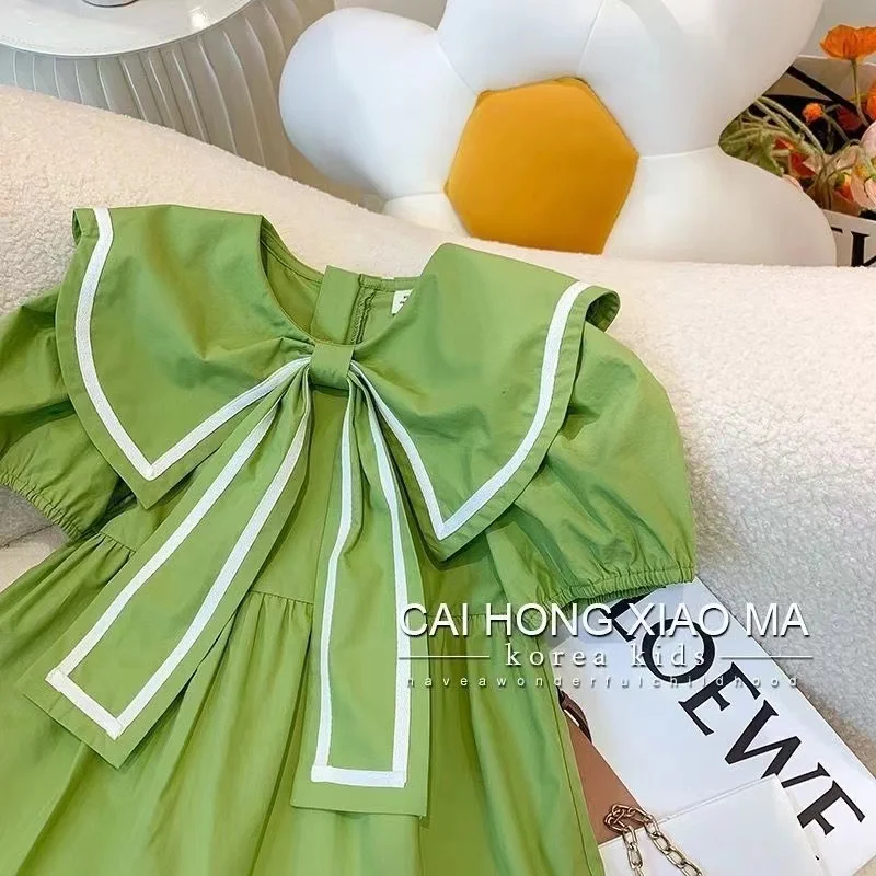 Girls College Style Green Dress Summer Korean Version Children's Fresh And Cute Princess Dress Stylish Bow Dress New 2024