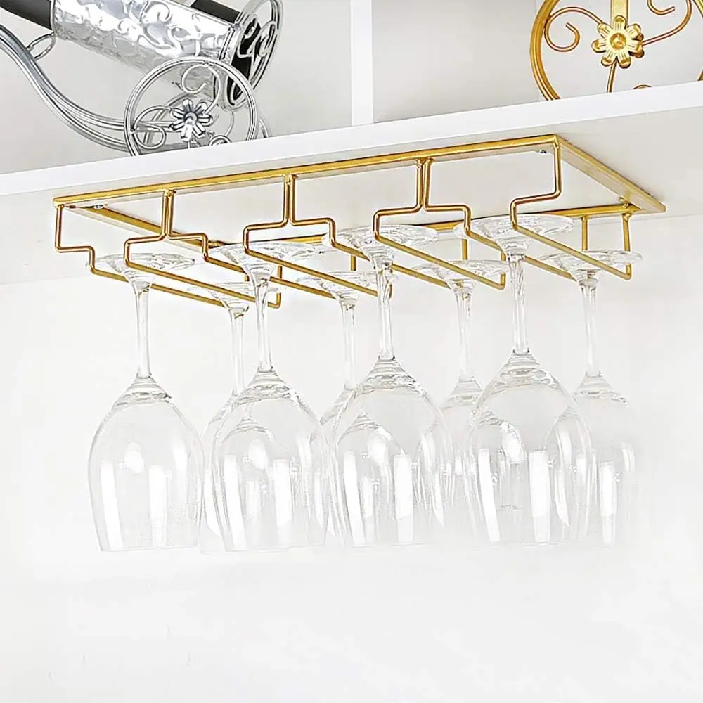 Under Cabinet Stemware Holder - Metal Wine Glass Rack Organizer for Kitchen Bar Storage, Gold Finish