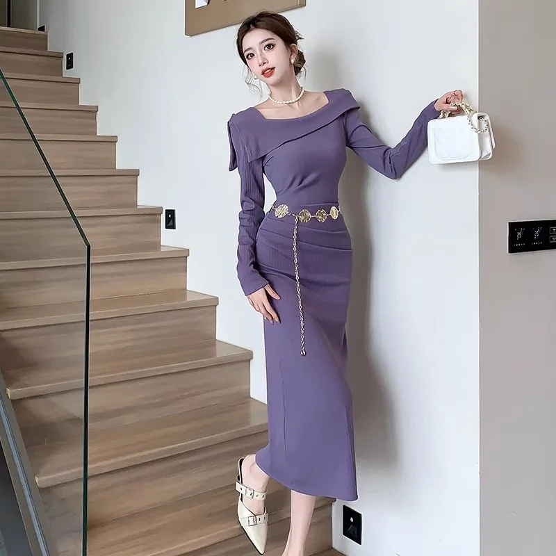 

New Fashion Designer Women Slash Neck Knitted Sweater Dress Autumn Winter Purple Long Sleeve Slim Office OL Bodycon Midi Clothes