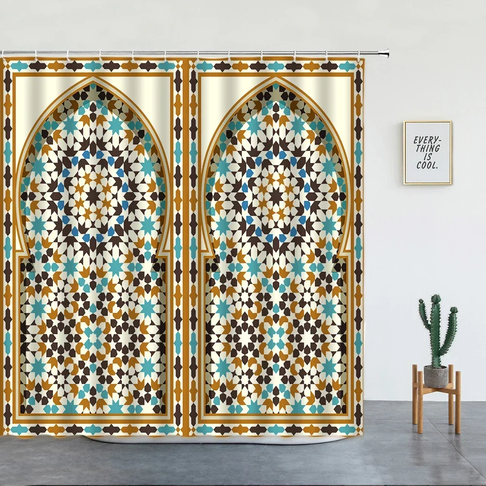 3D Moroccan Shower Curtain Aged Gate Geometric Pattern Doorway Design Entrance Architectural Oriental Style Bathroom Curtains