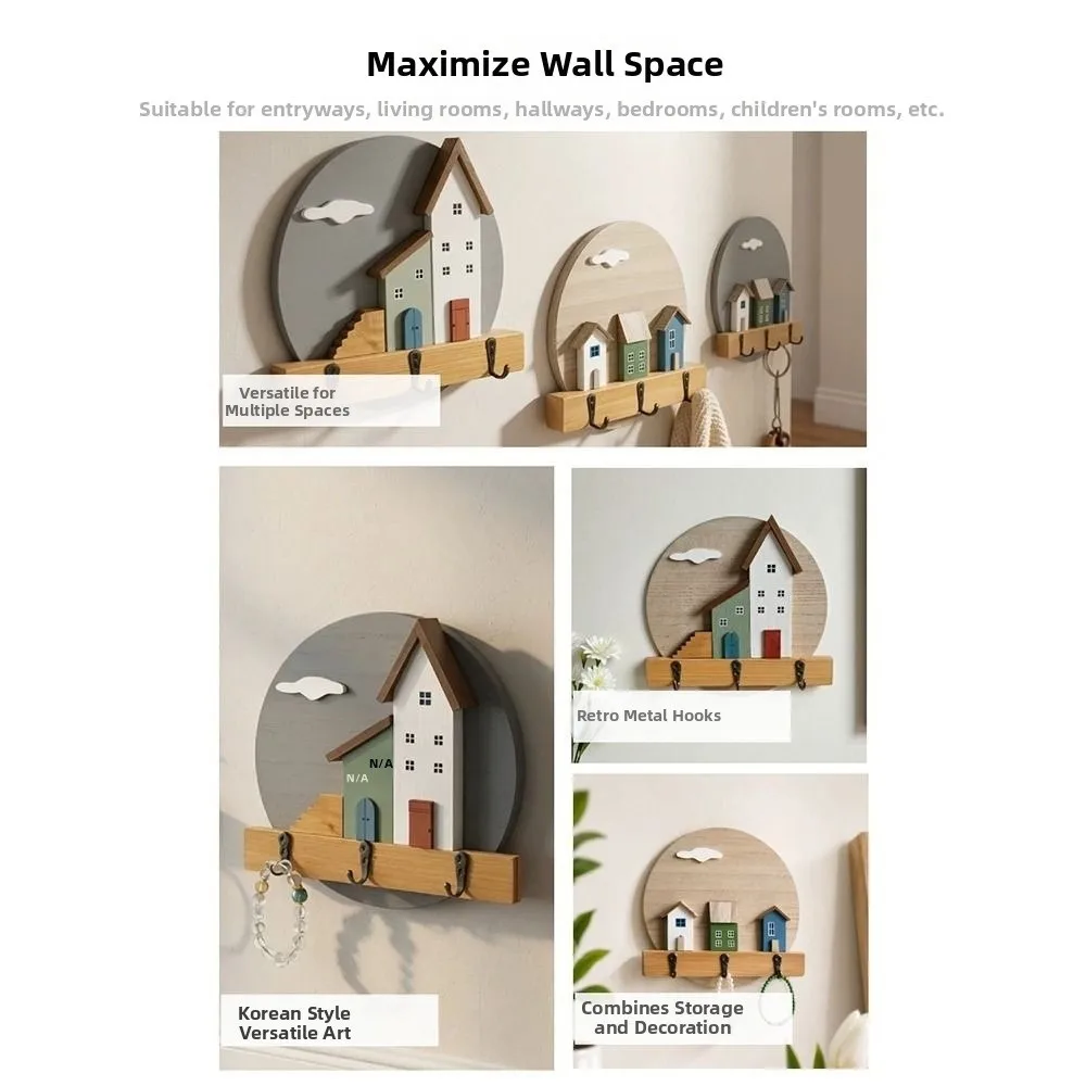 Round Shape Wooden Wall Hook Nordic Style Multi Hook Wall Hanging Storage Holder 3D House No Punching Coat Rack Living Room