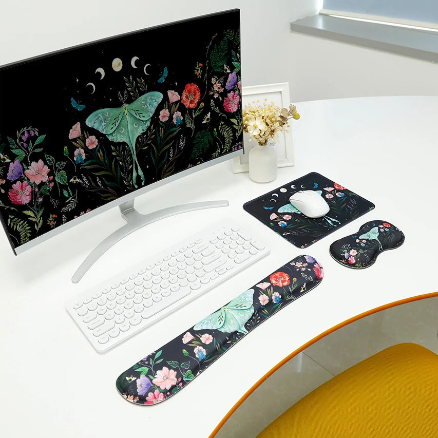 Black Butterfly Mouse Pad Wrist Rest 4-piece set - ergonomic design, effective relief of wrist pain, soft and comfortable