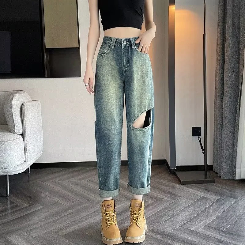 Cool Girl Fashion Style Street Pants Hole Breaking Trend Design Jeans High Waist Wide Leg Casual Straight Jeans Baggy Wide Leg J