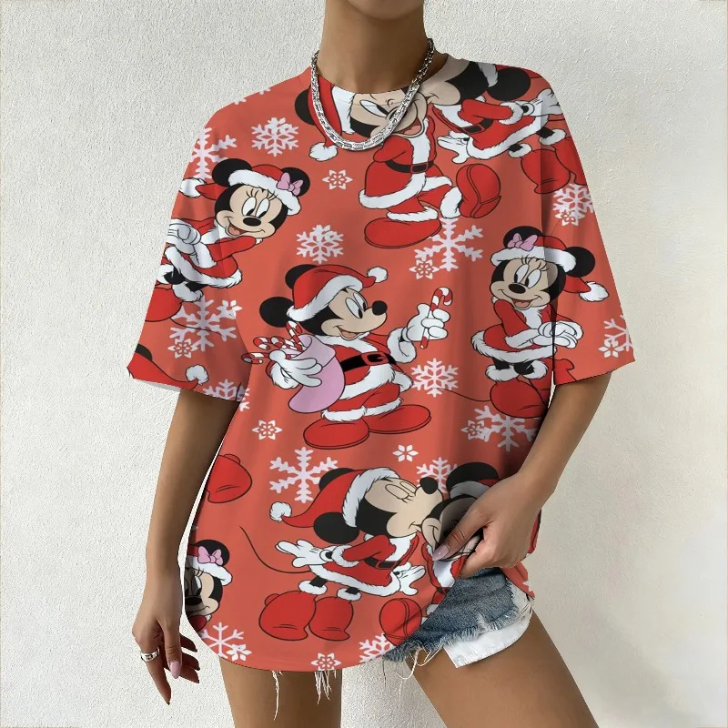 

Women's Disney Mickey & Minnie Mouse Christmas All Over Print T-Shirt Trendy Summer Top Streetwear Parties & Casual Fashion Tee