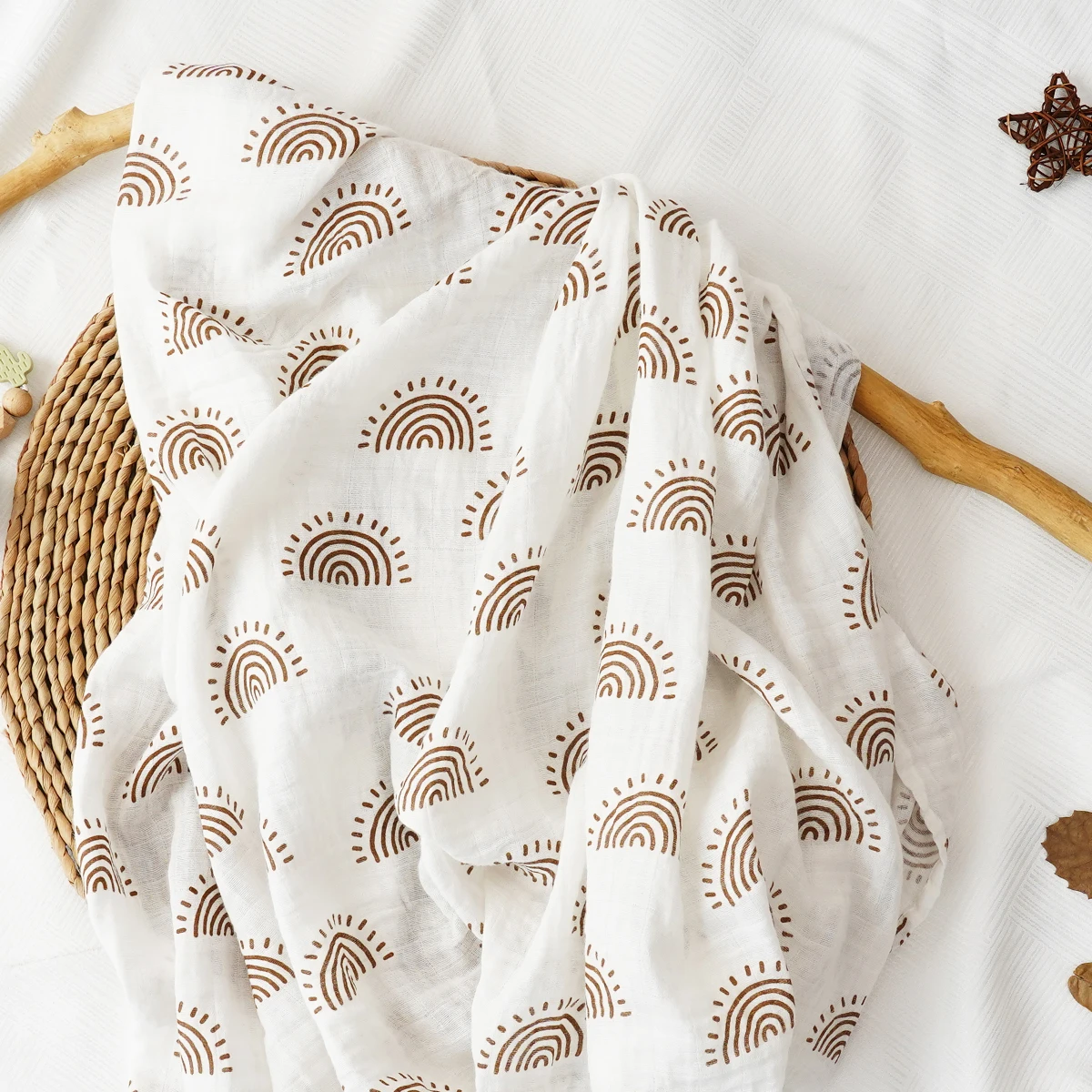 HappyFlute 1PCS Nature Printing 120*110CM  Muslin Cotton Fabric Baby Swaddle Light Blanket Baby Infant Wrap