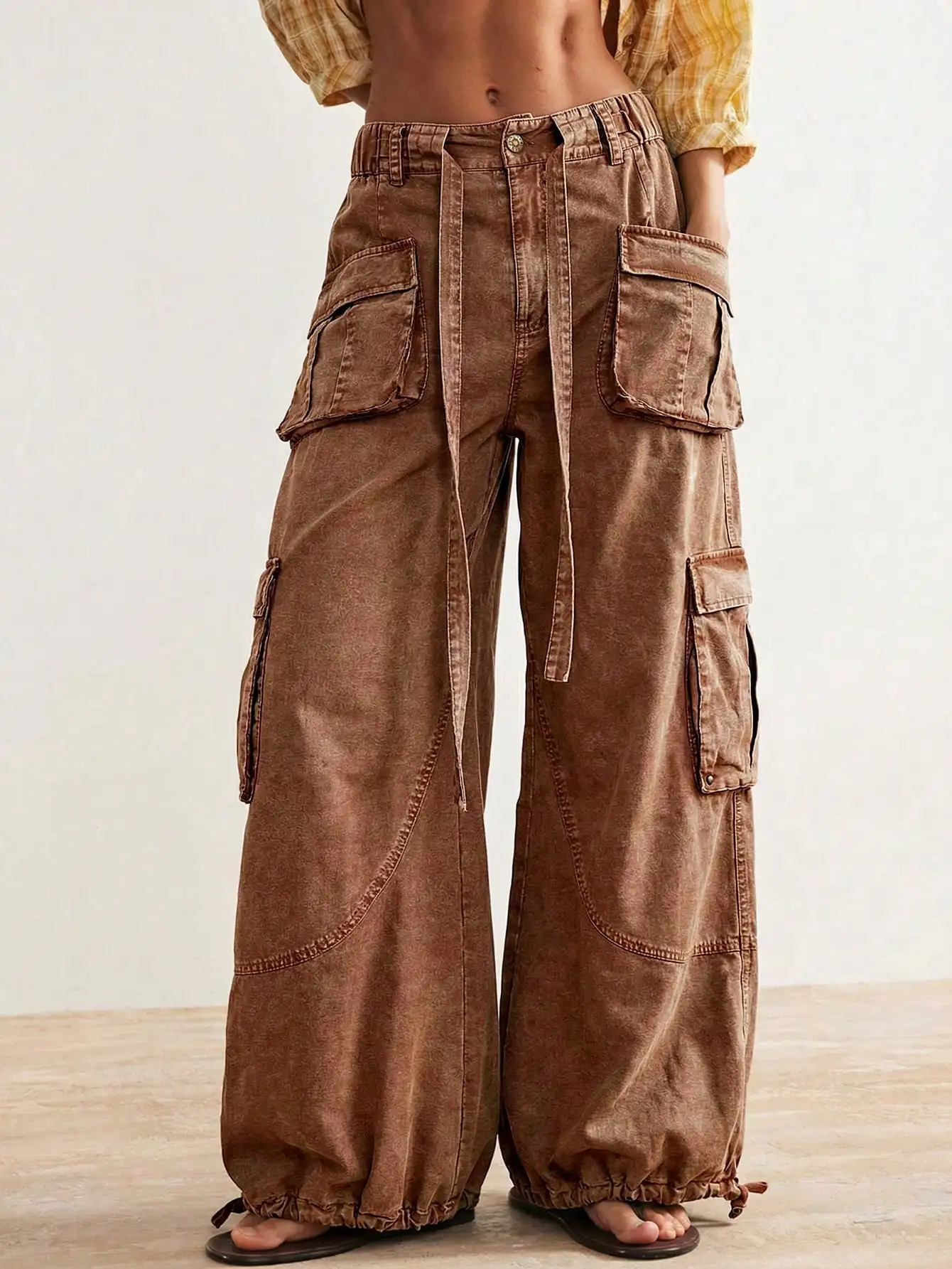 Women's Casual Solid Color Woven Loose Drawstring Waist Low-Rise Wide Leg Pants