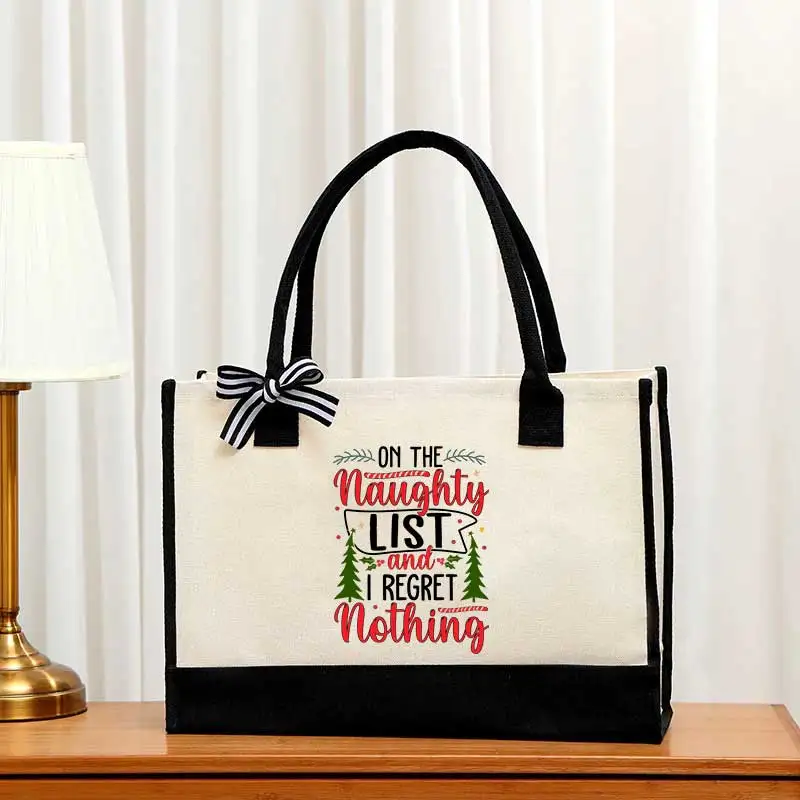 

Christmas font handbag, large capacity women's shoulder bag with letter logo printed on canvas cotton,unique personalized design