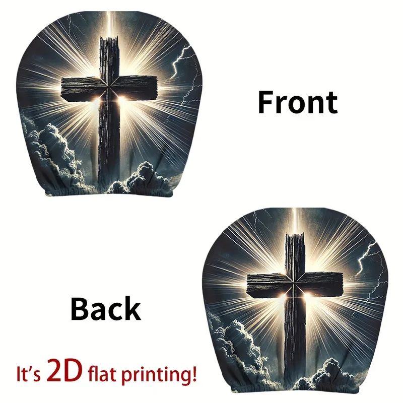 Illuminated Cross Print Car Headrest Covers 2D Flat Elastic Non-Filled Washable Easy Install Durable Polyester