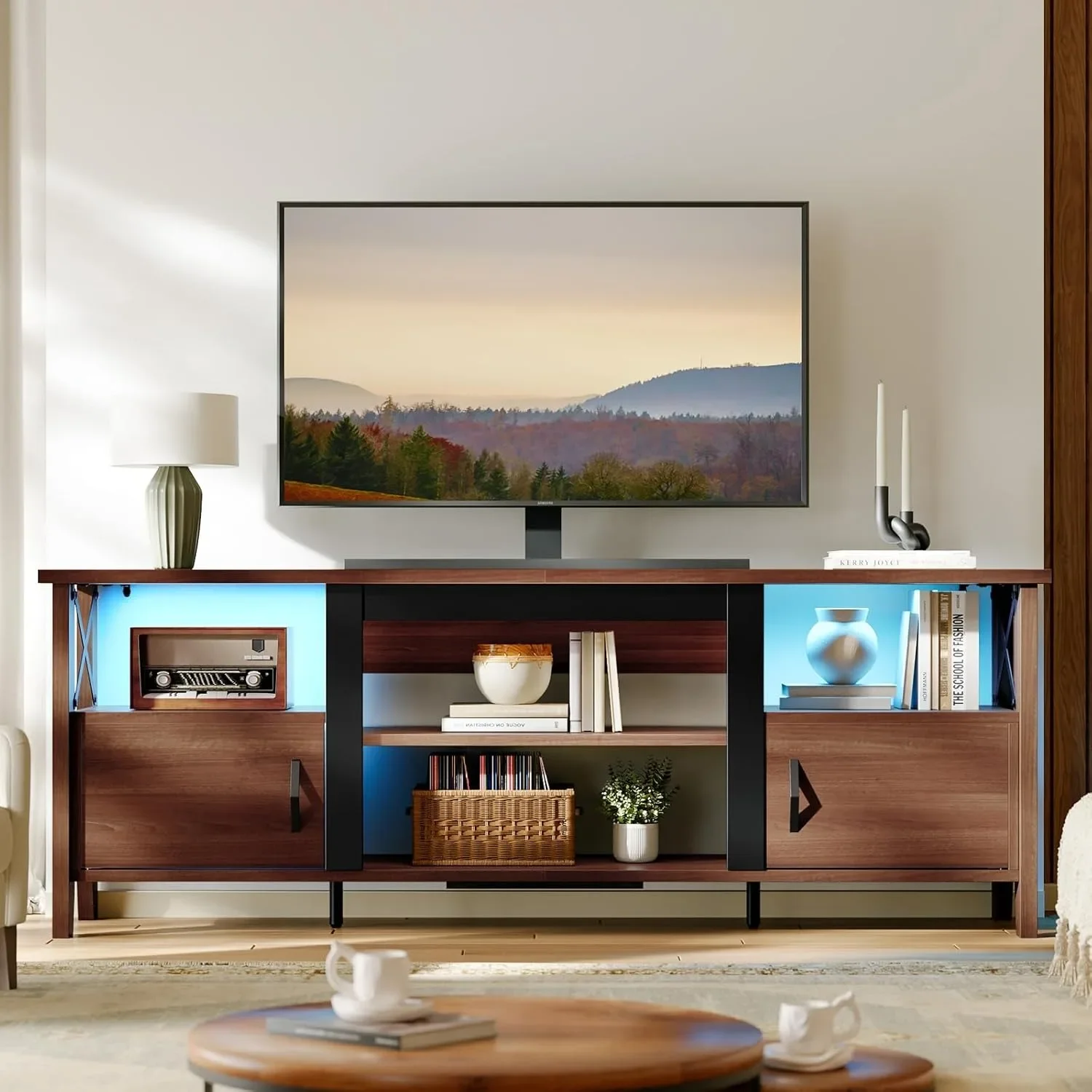 Farmhouse TV Stand for 70 inch TV, Gaming Entertainment Center with LED Lights, TV Console with 2 Storage Customized