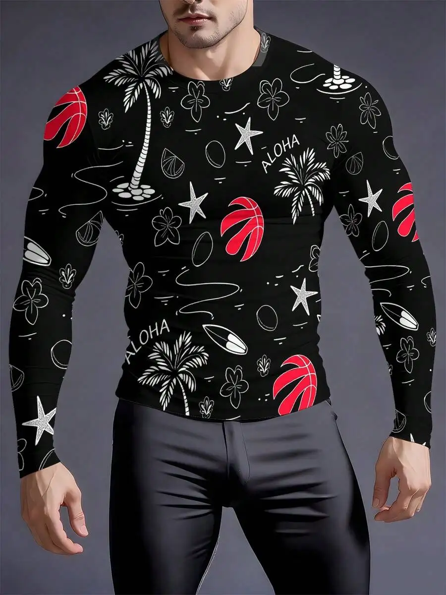 

Mens Long Sleeve Compression Shirt Tropical Palm Tree Basketball Graphic Slim Fit Athletic Base Layer