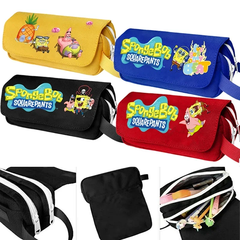 

New SpongeBob SquarePants Pencil Case Cosmetic Bag Cartoon Character Pattern Print Large Capacity Double Deck Stationery Gift