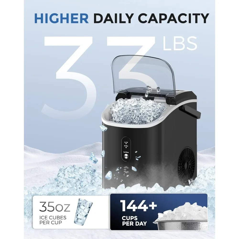 NEW-Nugget Ice Maker Countertop، 33LBS/24H، آلة ثلج بيبل المحمولة ذاتية التنظيف مع الكريات الناعمة القابلة للمضغ، ثلج صوتي، Busc