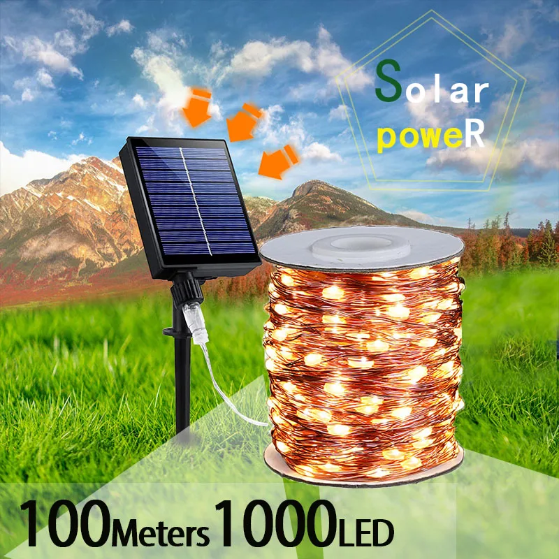 

100M Outdoor Solar Power String Fairy Lights Garden Patio Decoration Waterproof LED Garland 8 Modes Camp Lighting Cooper Wire